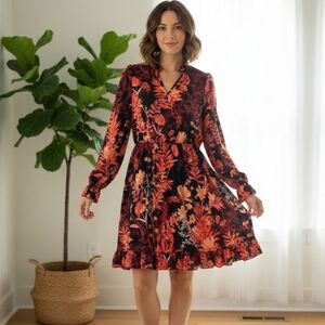 Floral Red and Black Long Sleeve Dress Size Small